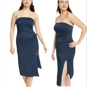 Cushnie Women’s Size 14 Navy Blue Strapless Side-Slit Asymmetrical-Hem Dress